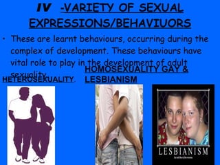 IV  - VARIETY OF SEXUAL EXPRESSIONS/BEHAVIUORS These are learnt behaviours, occurring during the complex of development. These behaviours have vital role to play in the development of adult sexuality. HETEROSEXUALITY . HOMOSEXUALITY GAY & LESBIANISM 