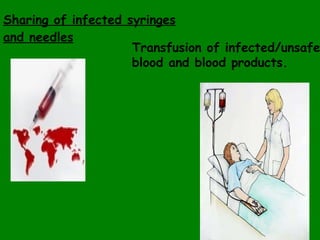 Sharing of infected syringes and needles Transfusion of infected/unsafe  blood and blood products. 