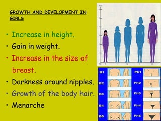 GROWTH AND DEVELOPMENT IN GIRLS Increase in height. Gain in weight. Increase in the size of  breast. Darkness around nipples. Growth of the body hair. Menarche 