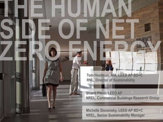 Tom Hootman, AIA, LEED AP BD+C
RNL, Director of Sustainability
Shanti Pless, LEED AP
NREL, Commercial Buildings Research Group
Michelle Slovensky, LEED AP BD+C
NREL, Senior Sustainability Manager
 