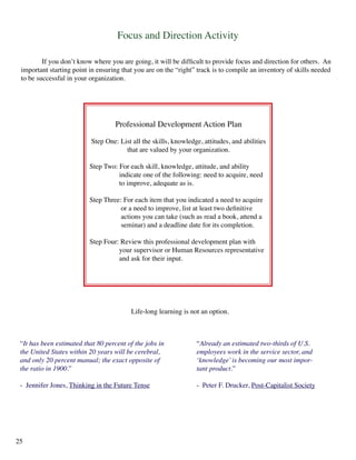 Focus and Direction Activity
	 If you don’t know where you are going, it will be difficult to provide focus and direction for others. An
important starting point in ensuring that you are on the “right” track is to compile an inventory of skills needed
to be successful in your organization.
Professional Development Action Plan
Step One: List all the skills, knowledge, attitudes, and abilities
that are valued by your organization.
Step Two: For each skill, knowledge, attitude, and ability 		
	 indicate one of the following: need to acquire, need 	
	 to improve, adequate as is.
Step Three: For each item that you indicated a need to acquire 	
	 or a need to improve, list at least two definitive
	 actions you can take (such as read a book, attend a 	
	 seminar) and a deadline date for its completion.
Step Four: Review this professional development plan with 	
	 your supervisor or Human Resources representative 	
	 and ask for their input.
Life-long learning is not an option.
“It has been estimated that 80 percent of the jobs in
the United States within 20 years will be cerebral,
and only 20 percent manual; the exact opposite of
the ratio in 1900.”
- Jennifer Jones, Thinking in the Future Tense
“Already an estimated two-thirds of U.S.
employees work in the service sector, and
‘knowledge’is becoming our most impor-
tant product.”
- Peter F. Drucker, Post-Capitalist Society
25
 