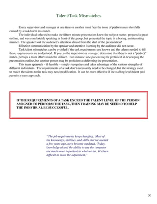 Talent/Task Mismatches
	 Every supervisor and manager at one time or another must face the issue of performance shortfalls
caused by a task/talent mismatch.
	 The individual selected to make the fifteen minute presentation knew the subject matter, prepared a great
outline, and was comfortable speaking in front of the group, but presented the topic in a boring, uninteresting
manner. The speaker lost the audience’s attention almost from the start of the presentation!
	 Effective communication by the speaker and attentive listening by the audience did not occur.
	 Task/talent mismatches can be avoided if the task requirements are known and the talents needed to fill
those requirements are understood. If you, as the supervisor or manager, determine that there is not a “perfect”
match, perhaps a team effort should be utilized. For instance, one person may be proficient at developing the
presentation outline, but another person may be proficient at delivering the presentation.
	 This team approach – if feasible – simply recognizes and takes advantage of the various strengths of
different individuals. The requirements of a task don’t necessarily need to be changed, but the strategy used
to match the talents to the task may need modification. It can be more effective if the staffing level/talent pool
permits a team approach.
IF THE REQUIREMENTS OF A TASK EXCEED THE TALENT LEVEL OF THE PERSON
ASSIGNED TO PERFORM THE TASK, THEN TRAINING MAY BE NEEDED TO HELP
THE INDIVIDUAL BE SUCCESSFUL.
“The job requirements keep changing. Most of
the knowledge, abilities, and skills that we needed
a few years ago, have become outdated. Today,
knowledge of and the ability to use the computer
are much more important to what we do. It’s been
difficult to make the adjustment.”
30
 
