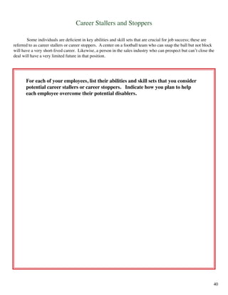 Career Stallers and Stoppers
	 Some individuals are deficient in key abilities and skill sets that are crucial for job success; these are
referred to as career stallers or career stoppers. A center on a football team who can snap the ball but not block
will have a very short-lived career. Likewise, a person in the sales industry who can prospect but can’t close the
deal will have a very limited future in that position.
For each of your employees, list their abilities and skill sets that you consider
potential career stallers or career stoppers. Indicate how you plan to help
each employee overcome their potential disablers.
40
 