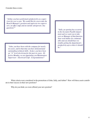 “John, you have been with the company for nearly
ten years, and in that time you have demonstrated
outstanding technical skills. In fact, you have been
an “A” level electrician for the past six years. Ef-
fective Monday, we are appointing you Maintenance
Supervisor – Electrical Craft. Congratulations!”
“Sally, an opening has occurred
in the Accounts Payable depart-
ment and we want you to take
over as Manager of that function.
Your work habits are commend-
able and you should have no
trouble getting the department’s
productivity up to where it should
be.”
“Arthur, you have performed satisfactorily as a super-
visor for over a year. We would like for you to take the
Branch Manager’s position and supervise two supervi-
sors, an office staff, and an outside salesperson. Any
questions?”
	 What criteria were considered in the promotions of John, Sally, and Arthur? How will these assets contrib-
ute to their success in their new positions?
	 Why do you think you were offered your new position?
Consider these events:
4
 