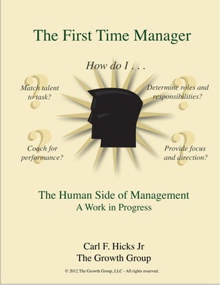 © 2012 The Growth Group, LLC - All rights reserved.
The First Time Manager
The Human Side of Management
A Work in Progress
Carl F. Hicks Jr
The Growth Group
© 2012 The Growth Group, LLC - All rights reserved.
How do I . . .
Determine roles and
responsibilities?
Provide focus
and direction?
Match talent
to task?
Coach for
performance?
 