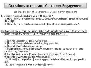Questions to measure Customer Engagement
1. Overall, how satisfied are you with [Brand]?
2. How likely are you to continue...