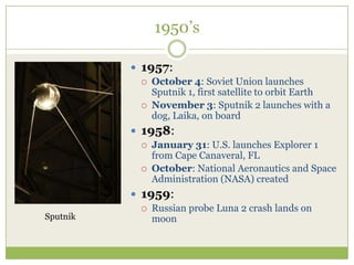 1950’s

           1957:
              October 4: Soviet Union launches
               Sputnik 1, first satellite to orbit Earth
              November 3: Sputnik 2 launches with a
               dog, Laika, on board
           1958:
              January 31: U.S. launches Explorer 1
               from Cape Canaveral, FL
              October: National Aeronautics and Space
               Administration (NASA) created
           1959:
              Russian probe Luna 2 crash lands on
Sputnik        moon
 