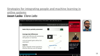 18
Strategies	
  for	
  integrating	
  people	
  and	
  machine	
  learning	
  in	
  
online	
  systems 
Jason	
  Laska	
  	
  Clara	
  Labs	
  
 
