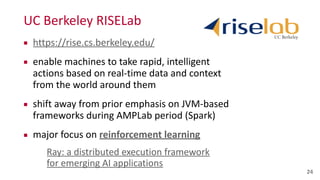 UC	
  Berkeley	
  RISELab
24
▪ https://rise.cs.berkeley.edu/	
  	
  
▪ enable	
  machines	
  to	
  take	
  rapid,	
  intelligent	
  
actions	
  based	
  on	
  real-­‐time	
  data	
  and	
  context	
  
from	
  the	
  world	
  around	
  them	
  
▪ shift	
  away	
  from	
  prior	
  emphasis	
  on	
  JVM-­‐based	
  
frameworks	
  during	
  AMPLab	
  period	
  (Spark)	
  
▪ major	
  focus	
  on	
  reinforcement	
  learning	
  
Ray:	
  a	
  distributed	
  execution	
  framework	
  
for	
  emerging	
  AI	
  applications
 