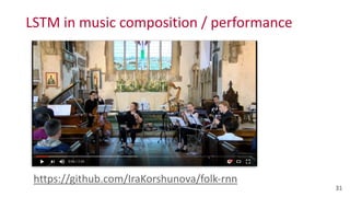 LSTM	
  in	
  music	
  composition	
  /	
  performance
31
https://github.com/IraKorshunova/folk-­‐rnn
 