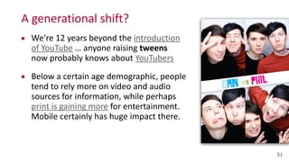 A	
  generational	
  shift?
▪ We’re	
  12	
  years	
  beyond	
  the	
  introduction	
  
of	
  YouTube	
  …	
  anyone	
  raising	
  tweens	
   
now	
  probably	
  knows	
  about	
  YouTubers	
  
▪ Below	
  a	
  certain	
  age	
  demographic,	
  people	
  
tend	
  to	
  rely	
  more	
  on	
  video	
  and	
  audio	
  
sources	
  for	
  information,	
  while	
  perhaps	
  
print	
  is	
  gaining	
  more	
  for	
  entertainment.	
  
Mobile	
  certainly	
  has	
  huge	
  impact	
  there.
51
 