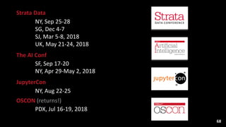 Strata	
  Data	
  
NY,	
  Sep	
  25-­‐28 
SG,	
  Dec	
  4-­‐7 
SJ,	
  Mar	
  5-­‐8,	
  2018 
UK,	
  May	
  21-­‐24,	
  2018	
  
The	
  AI	
  Conf	
  
SF,	
  Sep	
  17-­‐20 
NY,	
  Apr	
  29-­‐May	
  2,	
  2018	
  
JupyterCon	
  
NY,	
  Aug	
  22-­‐25	
  
OSCON	
  (returns!)	
  
PDX,	
  Jul	
  16-­‐19,	
  2018
68
 