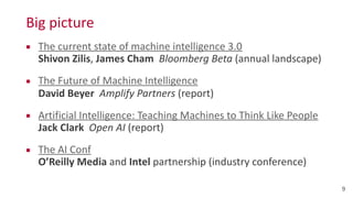 Big	
  picture
▪ The	
  current	
  state	
  of	
  machine	
  intelligence	
  3.0 
Shivon	
  Zilis,	
  James	
  Cham	
  	
  Bloomberg	
  Beta	
  (annual	
  landscape)	
  
▪ The	
  Future	
  of	
  Machine	
  Intelligence 
David	
  Beyer	
  	
  Amplify	
  Partners	
  (report)	
  
▪ Artificial	
  Intelligence:	
  Teaching	
  Machines	
  to	
  Think	
  Like	
  People 
Jack	
  Clark	
  	
  Open	
  AI	
  (report)	
  
▪ The	
  AI	
  Conf 
O’Reilly	
  Media	
  and	
  Intel	
  partnership	
  (industry	
  conference)
9
 