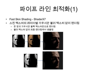 파이프 라인 최적화(1)Fast Skin Shading - ShaderX7스킨 텍스처의 레이어별가우시안블러 텍스처 없이 렌더링한 장의 가우시안 블록 텍스처만으로 렌더링블러 텍스처 없이 최종 렌더링에서셈플링