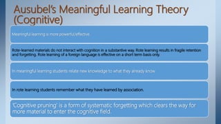 Ausubel’s Meaningful Learning Theory
(Cognitive)
Meaningful learning is more powerful/effective.
Rote-learned materials do not interact with cognition in a substantive way. Rote learning results in fragile retention
and forgetting. Rote learning of a foreign language is effective on a short term basis only.
In meaningful learning students relate new knowledge to what they already know.
In rote learning students remember what they have learned by association.
‘Cognitive pruning’ is a form of systematic forgetting which clears the way for
more material to enter the cognitive field.
 