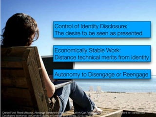 Control of Identity Disclosure:
The desire to be seen as presented
Economically Stable Work:
Distance technical merits from identity
Autonomy to Disengage or Reengage
Denae Ford, Reed Milewicz, Alexander Serebrenik. How Remote Work Can Foster a More Inclusive Environment for Transgender
Developers Workshop on Gender Equality in Software Engineering, 2019, pp. 9-12
18
 