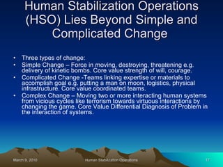 Human Stabilization Operations (HSO) Lies Beyond Simple and Complicated Change  Three types of change: Simple Change – Force in moving, destroying, threatening e.g. delivery of kinetic bombs. Core value strength of will, courage. Complicated Change -Teams linking expertise or materials to accomplish goal e.g. putting a man on moon, logistics, physical infrastructure. Core value coordinated teams. Complex Change – Moving two or more interacting human systems from vicious cycles like terrorism towards virtuous interactions by changing the game. Core Value Differential Diagnosis of Problem in the interaction of systems.  