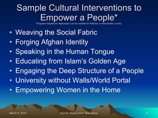 Sample Cultural Interventions to Empower a People* *Programs targeted for Afghanistan can be modified for Pakistan or other Muslim country. Weaving the Social Fabric Forging Afghan Identity Speaking in the Human Tongue Educating from Islam’s Golden Age Engaging the Deep Structure of a People University without Walls/World Portal Empowering Women in the Home 