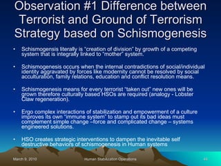 Observation #1 Difference between Terrorist and Ground of Terrorism Strategy based on Schismogenesis Schismogensis literally is “creation of division” by growth of a competing system that is integrally linked to “mother” system.  Schismogenesis occurs when the internal contradictions of social/individual identity aggravated by forces like modernity cannot be resolved by social acculturation, family relations, education and conflict resolution means. Schismogenesis means for every terrorist “taken out” new ones will be grown therefore culturally based HSOs are required (analogy - Lobster Claw regeneration).  Ergo complex interactions of stabilization and empowerment of a culture improves its own “immune system” to stamp out its bad ideas must complement simple change –force and complicated change – systems engineered solutions.  HSO creates strategic interventions to dampen the inevitable self destructive behaviors of schismogenesis in Human systems 