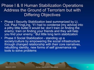 Phase I & II Human Stabilization Operations Address the Ground of Terrorism but with Differing Objectives Phase I Security Stabilization best summarized by Lt. Col. Paul YingLing, “if I had to condense [my advice] into a pithy little bullet it would be: don’t train on finding the enemy; train on finding your friends and they will help you find your enemy.” But little long term stabilization Phase II Social Stabilization - standing up a society/culture by empowering the social infrastructure through changed relationship with their core narratives, rebuilding identity, new forms of self governance via tools to solve problems  