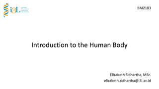 Introduction to the Human Body
Elizabeth Sidhartha, MSc.
elizabeth.sidhartha@i3l.ac.id
BM2103
 