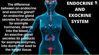 The difference
between an endocrine
and exocrine gland?
An endocrine gland
secretes its products,
for example
hormones, directly
into the blood. ...
An exocrine gland
secretes its products
for example enzymes,
into ducts that lead to
the target tissue.
ENDOCRINE
AND
EXOCRINE
SYSTEM
 