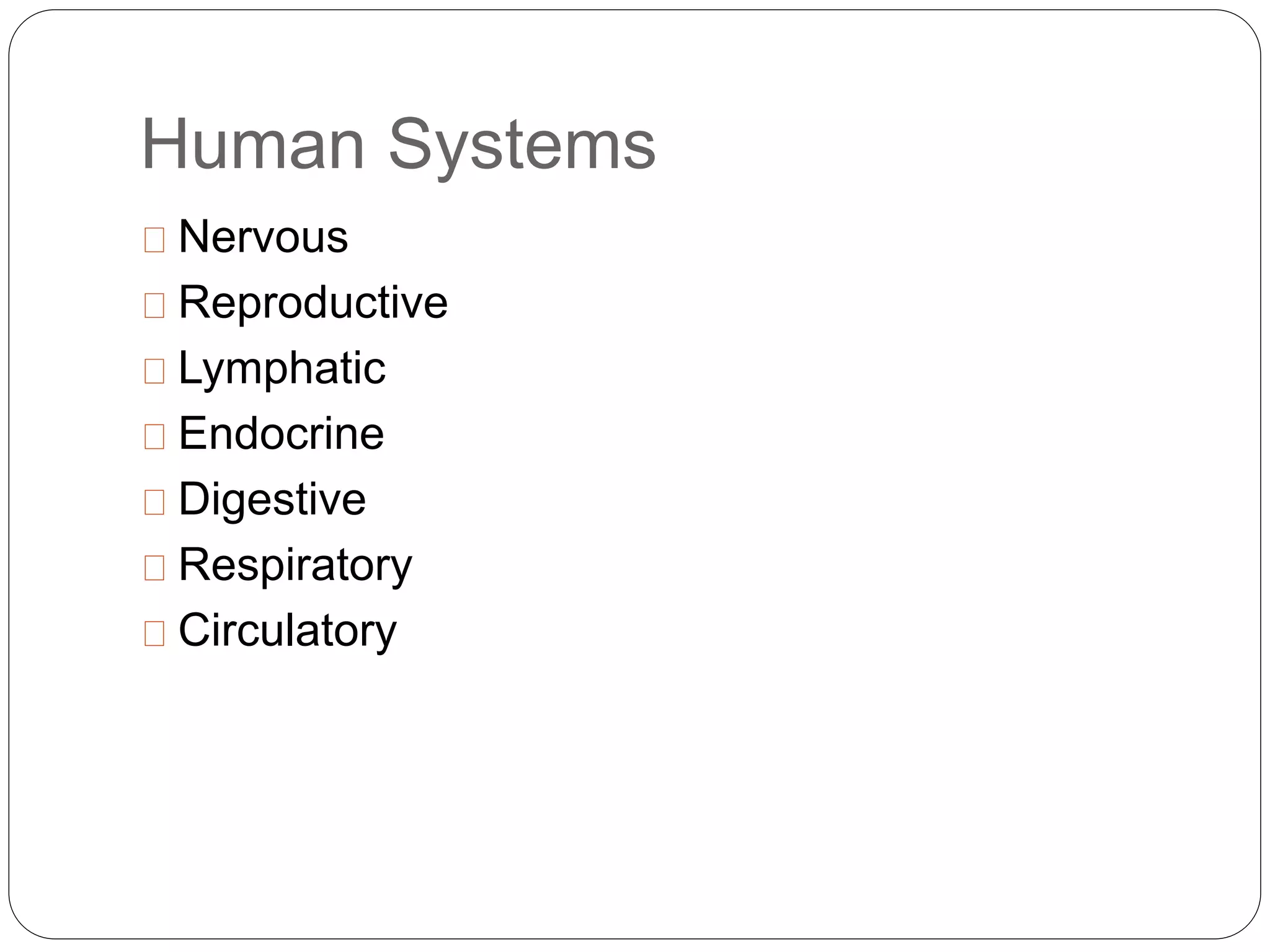 Human Systems
Nervous
Reproductive
Lymphatic
Endocrine
Digestive
Respiratory
Circulatory