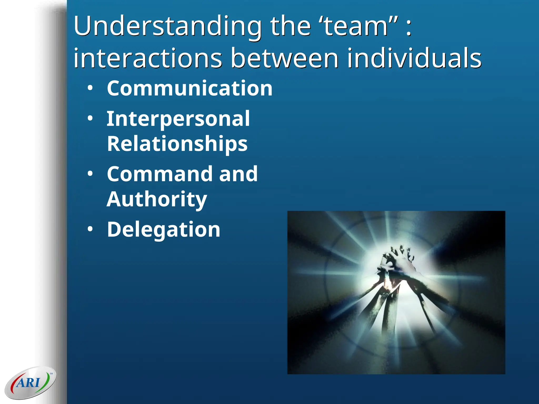 Understanding the ‘team” :
interactions between individuals
• Communication
• Interpersonal
Relationships
• Command and
Authority
• Delegation
 