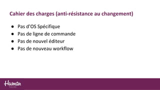 Cahier des charges (anti-résistance au changement)
● Pas d’OS Spécifique
● Pas de ligne de commande
● Pas de nouvel éditeur
● Pas de nouveau workflow
 
