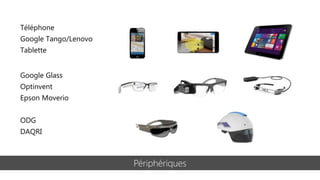 Périphériques
Téléphone
Google Tango/Lenovo
Tablette
Google Glass
Optinvent
Epson Moverio
ODG
DAQRI
 