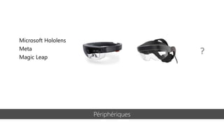 Périphériques
Microsoft Hololens
Meta
Magic Leap
?
 