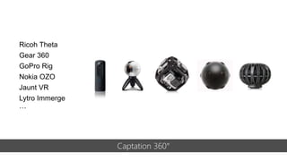 Captation 360°
Ricoh Theta
Gear 360
GoPro Rig
Nokia OZO
Jaunt VR
Lytro Immerge
…
 
