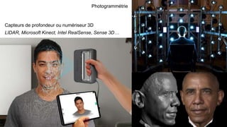 Capteurs de profondeur ou numériseur 3D
LIDAR, Microsoft Kinect, Intel RealSense, Sense 3D…
Photogrammétrie
 