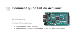 Comment qu’on fait du Arduino?
On choisi une carte
Quelques références connues :
● Arduino UNO : la base (leonardo)
● Arduino MEGA : la base ++ (MEGA ADK -> port usb, DUE -> plus rapide)
 