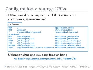 Configuration > routage URLs
    Définitions des routages entre URL et actions des
     contrôleurs, et inversement
     conf/routes
     GET     /                                    Application.index
     GET     /public/                             staticDir:public
     *       /{controller}/{action}               {controller}.{action}
     # Backbone
     GET     /bb/projects                         BBProjects.getProjects
     GET     /bb/project/{id}                     BBProjects.getProject
     POST    /bb/project                          BBProjects.createProject
     PUT     /bb/project/{id}                     BBProjects.updateProject
     DELETE /bb/project/{id}                      BBProjects.deleteProject
     POST    /bb/project/public/{id}/{isPublic}   BBProjects.postPublicProject



    Utilisation dans une vue pour faire un lien :
          <a href="@{Clients.show(client.id)}">Show</a>


    Play Framework 1.2.5 - http://www.playframework.com/ - Xavier NOPRE – 12/02/2013
 