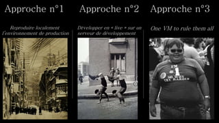 Approche n°1
Reproduire localement
l’environnement de production
Approche n°2
Développer en « live » sur un
serveur de développement
One VM to rule them all
Approche n°3
 