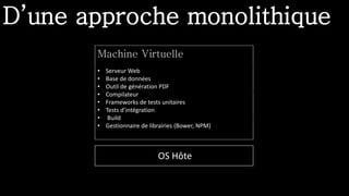 D’une approche monolithique
Serveur Web
Serveur Base de Données
Compilateur
Générateur PDF
Gestionnaire de Librairies
Grunt
Tests unitaires
Tests d’intégration
OS Hôte
Machine Virtuelle
• Serveur Web
• Base de données
• Outil de génération PDF
• Compilateur
• Frameworks de tests unitaires
• Tests d’intégration
• Build
• Gestionnaire de librairies (Bower, NPM)
 