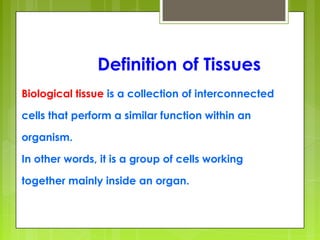 Definition of Tissues
Biological tissue is a collection of interconnected
cells that perform a similar function within an
organism.
In other words, it is a group of cells working
together mainly inside an organ.
 