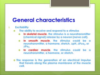 General characteristics
1. Excitability
 The ability to receive and respond to a stimulus
 In skeletal muscle, the stimulus is a neurotransmitter
(chemical signal) release by a neuron (nerve cell).
 In smooth muscle, the stimulus could be a
neurotransmitter, a hormone, stretch, pH, Pco2, or
Po2.
 In cardiac muscle, the stimulus could be a
neurotransmitter, a hormone, or stretch.
 The response is the generation of an electrical impulse
that travels along the plasma membrane of the muscle
cell.
 