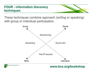 FOUR - information discovery
techniques
These techniques combine approach (writing or speaking)
with group or individual participation.
www.bcs.org/bookshop
 