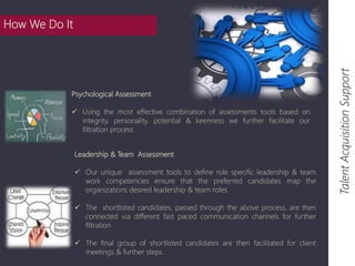 Psychological Assessment 
 Using the most effective combination of assessments tools based on 
integrity, personality, potential & keenness we further facilitate our 
filtration process 
Talent Acquisition Support 
Leadership & Team Assessment 
 Our unique assessment tools to define role specific leadership & team 
work competencies ensure that the preferred candidates map the 
organizations desired leadership & team roles 
 The shortlisted candidates, passed through the above process, are then 
connected via different fast paced communication channels for further 
filtration 
 The final group of shortlisted candidates are then facilitated for client 
meetings & further steps 
How We Do It 
 