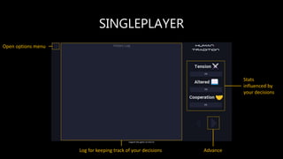 SINGLEPLAYER
Advance
Open options menu
Log for keeping track of your decisions
Stats
influenced by
your decisions
 