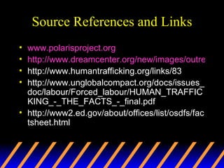 Source References and Links www.polarisproject.org http://www.dreamcenter.org/new/images/outreach/RescueProject/stats.pdf http://www.humantrafficking.org/links/83 http://www.unglobalcompact.org/docs/issues_doc/labour/Forced_labour/HUMAN_TRAFFICKING_-_THE_FACTS_-_final.pdf http://www2.ed.gov/about/offices/list/osdfs/factsheet.html 