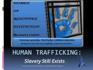 HUMAN TRAFFICKING:
Slavery Still Exists
Community Training facilitated by Founder Tiffany Nicole Woods

 