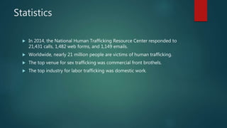 Statistics
 In 2014, the National Human Trafficking Resource Center responded to
21,431 calls, 1,482 web forms, and 1,149...