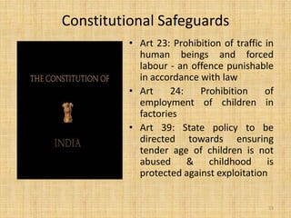 Constitutional Safeguards
          • Art 23: Prohibition of traffic in
            human beings and forced
            labour - an offence punishable
            in accordance with law
          • Art    24:    Prohibition      of
            employment of children in
            factories
          • Art 39: State policy to be
            directed towards ensuring
            tender age of children is not
            abused & childhood is
            protected against exploitation


                                           23
 