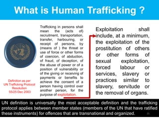 What is Human Trafficking ?
                           Trafficking in persons shall
                           mean      the    (acts    of)   Exploitation         shall
                           recruitment, transportation,    include, at a minimum,
                           transfer, harbouring, or
                           receipt of persons, by          the exploitation of the
                           (means of ) the threat or       prostitution of others
                           use of force or other forms
                           of coercion, of abduction,      or other forms of
                           of fraud, of deception, of      sexual       exploitation,
                           the abuse of power or of a
                           position of vulnerability or    forced      labour      or
                           of the giving or receiving of   services, slavery or
                           payments or benefits to
   Definition as per       achieve the consent of a        practices similar to
 UN Trafficking Protocol
      Resolution
                           person having control over      slavery, servitude or
    55/25 Dec 2003         another person, for the
                           purpose of exploitation.        the removal of organs.
UN definition is universally the most acceptable definition and the trafficking
protocol applies between member states (members of the UN that have ratified
these instruments) for offences that are transnational and organized.     25
 