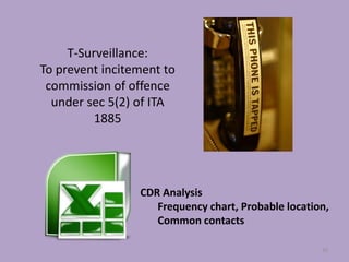 T-Surveillance:
To prevent incitement to
 commission of offence
  under sec 5(2) of ITA
          1885




                 CDR Analysis
                    Frequency chart, Probable location,
                    Common contacts

                                                     32
 