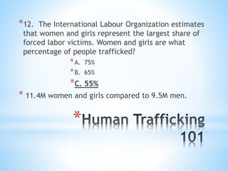 *
*12. The International Labour Organization estimates
that women and girls represent the largest share of
forced labor vi...