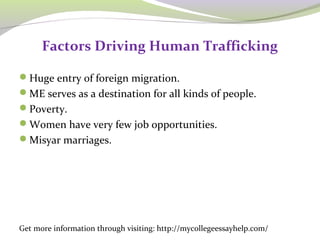 Factors Driving Human Trafficking 
Huge entry of foreign migration. 
ME serves as a destination for all kinds of people. 
Poverty. 
Women have very few job opportunities. 
Misyar marriages. 
Get more information through visiting: http://mycollegeessayhelp.com/ 
 